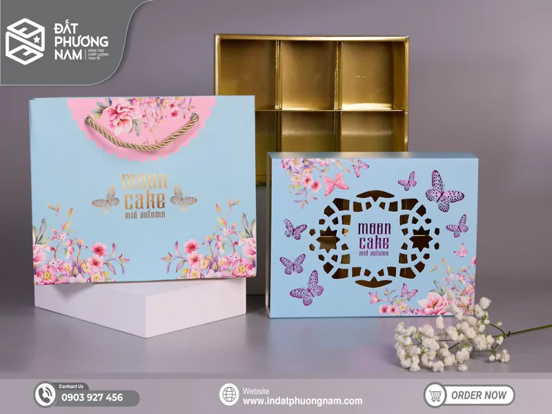 Mẫu xanh ngọc Pastel hình bướm gia công hộp bánh trung thu số lượng lớn