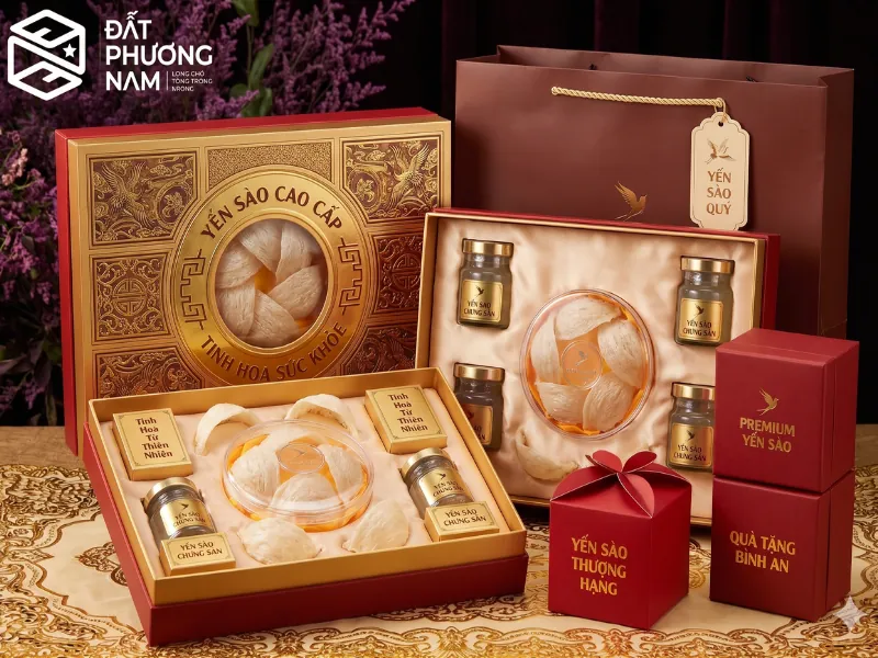 Phân biệt hộp yến cao cấp và hộp phổ thông nhờ sự đồng bộ giữa bộ hộp và túi giấy sang trọng