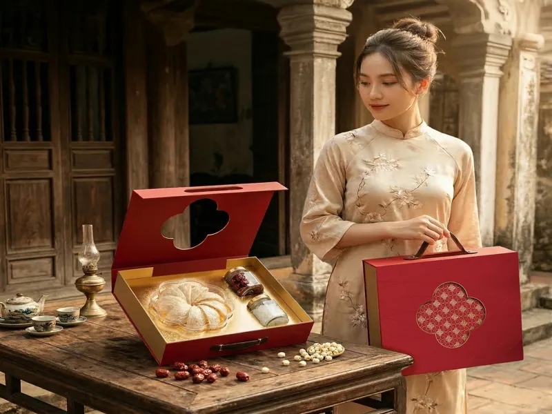 Quy trình sản xuất hộp đựng yến màu đỏ cao cấp có quai xách tinh tế tại In Đất Phương Nam