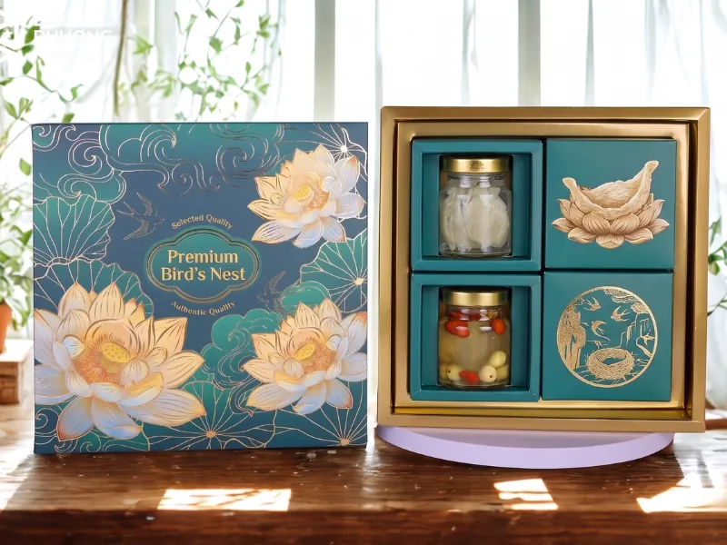 Xu hướng thiết kế hộp đựng yến cao cấp họa sen và chim yến ép kim