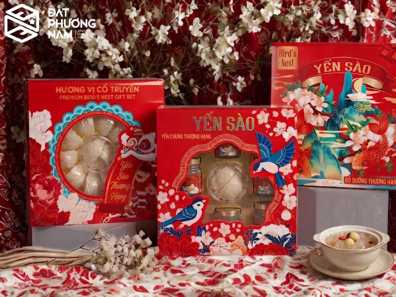 Xu hướng thiết kế hộp đựng yến cao cấp họa tiết dân gian màu đỏ may mắn